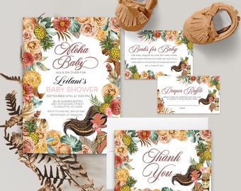 Paquete de invitaciones para baby shower Aloha: temática de luau tropical (plantilla editable)
