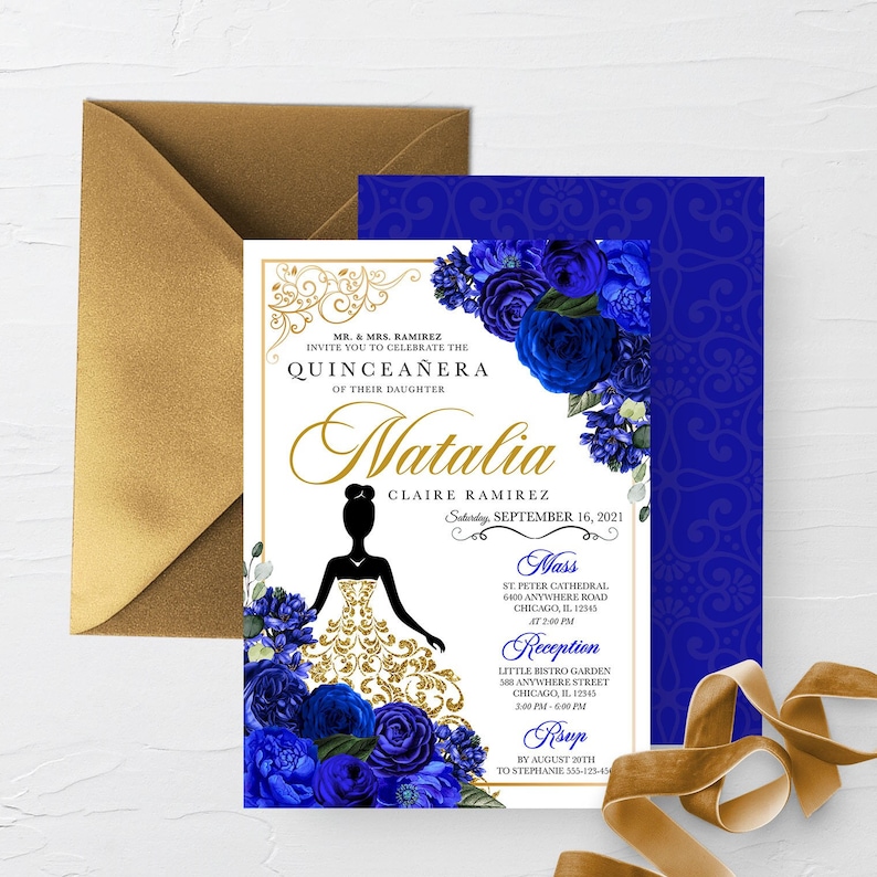 May include: A blue and gold Quincea&ntilde;era invitation with a silhouette of a girl in a gold dress and blue flowers. The text reads "MR. & MRS. RAMIREZ INVITE YOU TO CELEBRATE THE QUINCEA&Ntilde;ERA OF THEIR DAUGHTER Natalia CLAIRE RAMIREZ Saturday SEPTEMBER 16, 2021 Mass ST. PETER CATHEDRAL 6400 ANYWHERE ROAD CHICAGO, IL 12345 AT 2:00 PM Reception LITTLE BISTRO GARDEN 508 ANYWHERE STREET CHICAGO, IL 12345 3:00 PM - 6:00 PM RSVP BY AUGUST 20TH TO STEPHANIE 333-125-434"
