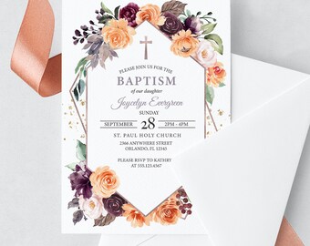 May include: A white invitation card with a floral design in shades of orange, purple, and green. The card announces a baptism for Joycelyn Evergreen on September 28th at St. Paul Holy Church. The address and RSVP information are included.