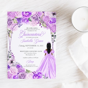 EDITABLE Invitation, Elegant Lilac Purple Floral Quinceanera Invitation, Birthday Invite, Mis Quince, Printable, Template, Corjl