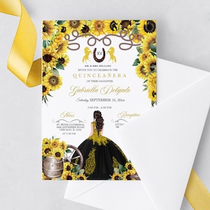 BEWERKBARE uitnodiging, gele zonnebloemen Western Ranchero Quinceanera uitnodiging, Fiesta, verjaardag, mis kweepeer, afdrukbare, sjabloon, Corjl