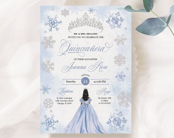 May include: A blue and silver Quinceañera invitation with a snowflake design. The invitation features a crown, a silhouette of a girl in a blue dress, and the text "Quinceañera" and "Joanna Rose".