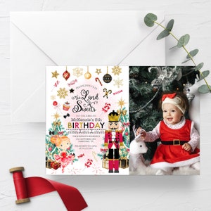 Land of Sweets Nutcracker Birthday Photo Invitation (Editable Corjl Template)