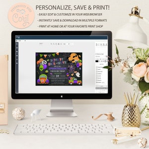 May include: A computer screen displaying a Halloween-themed invitation for a drive-by trick-or-treat parade. The invitation features a black background with colorful illustrations of a haunted house, ghosts, bats, and a car decorated with pumpkins. The text on the invitation reads "Drive By Honk & Wave Spooktacular Trick or Treat Parade" and "October 31".
