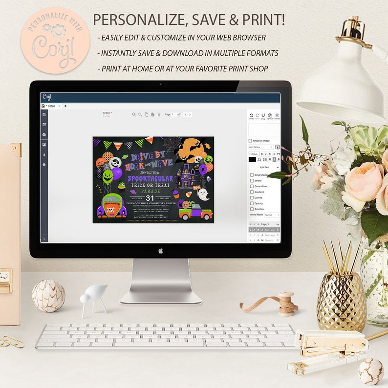 May include: A computer screen displaying a Halloween-themed invitation for a drive-by trick-or-treat parade. The invitation features a black background with colorful illustrations of a haunted house, ghosts, bats, and a car decorated with pumpkins. The text on the invitation reads "Drive By Honk & Wave Spooktacular Trick or Treat Parade" and "October 31".