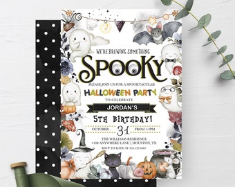 May include: A Halloween party invitation with a spooky theme. The invitation features a watercolor illustration of ghosts, bats, pumpkins, and other Halloween imagery. The text on the invitation reads "We're brewing something spooky. Please join us for a spooktacular Halloween party to celebrate Jordan's 5th birthday! October 31 from 1-3pm. The Williams Residence 4108 Anywhere Lane | Houston, TX. RSVP to Kate at 555.123.4567."