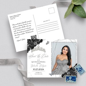 EDITIERBARE Einladung, Schwarz & Silber Quinceanera Save The Date, Foto Postkarte, Geburtstag, Mis Quince, Printable Invite, Template, Corjl
