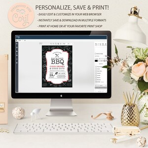 Puede incluir: Una pantalla de ordenador que muestra una plantilla de invitaci&oacute;n personalizable para una barbacoa en el patio trasero con un fondo de pizarra y detalles en rojo y blanco. El texto de la invitaci&oacute;n dice "Backyard BBQ, Cold Drinks & Good Eats".
