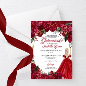 Red and Gold Floral Quinceanera Invitation: Editable Template (Corjl)