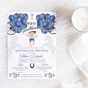 EDITABLE Invitation, Navy Blue & Silver Baby Charro Baptism Birthday Invitation, Mexican, Fiesta, Bautizo, Printable, Template, Corjl