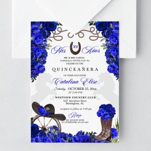 BEWERKBARE uitnodiging, Royal Blue Western Ranchero Quinceanera uitnodiging, Fiesta, verjaardag, mis kweepeer, afdrukbare, sjabloon, Corjl