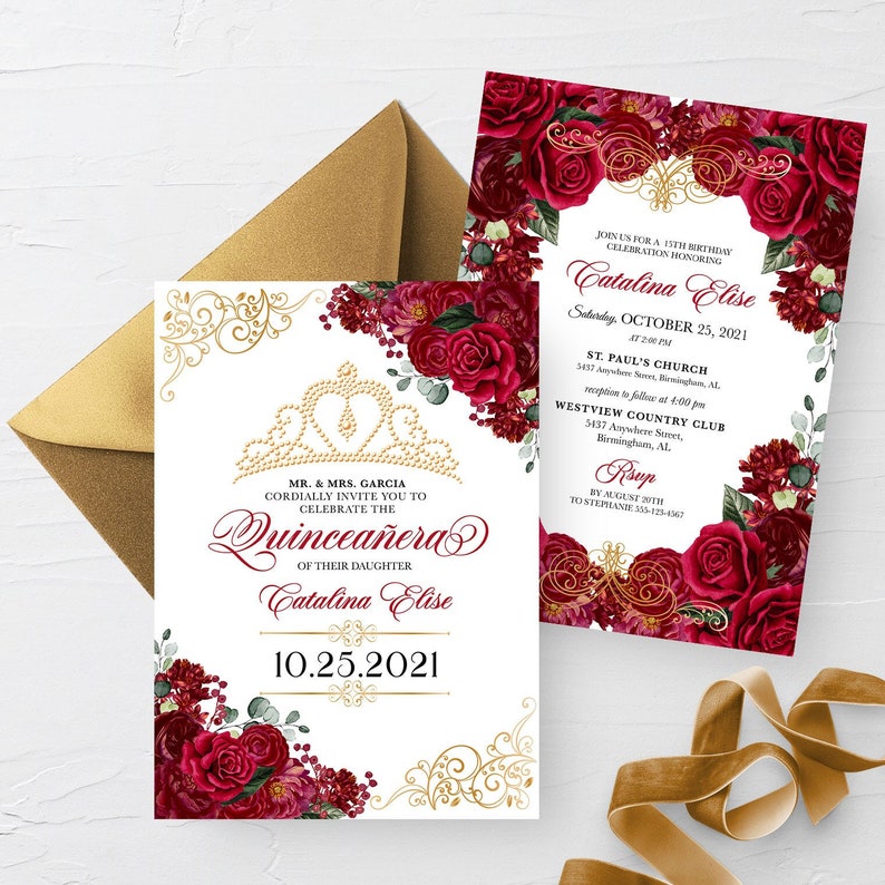 May include: A Quincea&ntilde;era invitation with a gold crown and red roses. The invitation reads "Quincea&ntilde;era" and "Catalina Elise" with the date "10.25.2021".