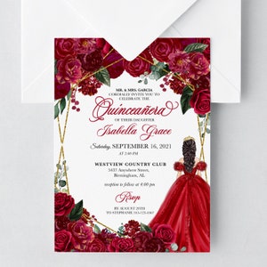 Elegant Red and Gold Floral Quinceanera Invitation (Editable Template)