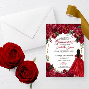 Red and Gold Floral Quinceanera Invitation Template (Editable)