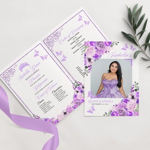 EDITABLE Program Template, Elegant Lilac Purple Floral Quinceanera Program, Mis Quince, 5x7 Bi-Fold Program, Template, Corjl