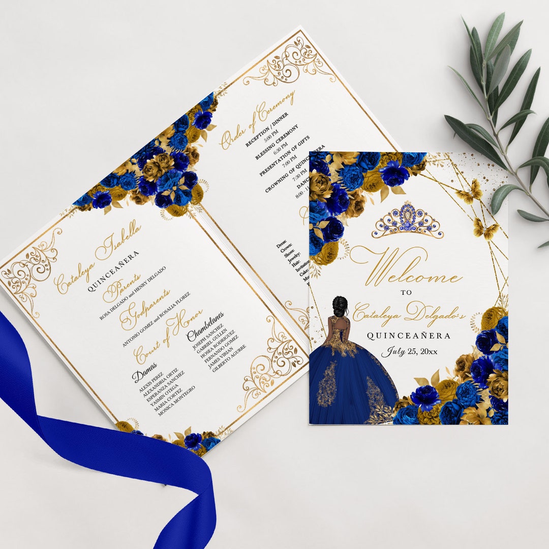 EDITABLE Program Template, Royal Blue &amp; Gold Floral Quinceanera Program ...