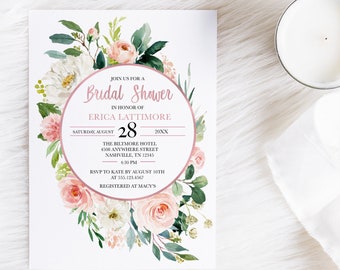 Peach Floral Bridal Shower Invitation: Editable Template (Corjl) Digital