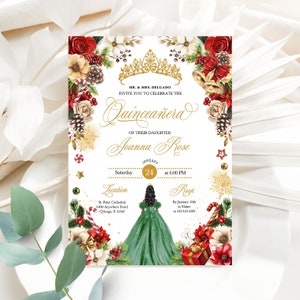 Winter Wonderland Quinceanera Einladung: Weihnachtsstern, bearbeitbare Vorlage (Corjl)
