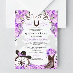 Convite EDITÁVEL, Botas de Cowboy Ocidental Lilás Convite Quinceanera, Fiesta, Aniversário, Mis Quince, Para Impressão, Modelo, Corjl