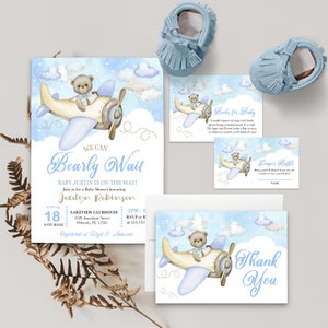 EDITABLE Invitation, Blue Airplane Teddy Bear Baby Shower Bundle, We Can Bearly Wait, Blue Bear, Template, Printable Invitation, Corjl