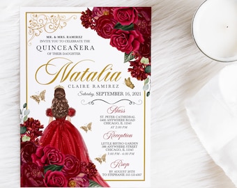 May include: A Quinceañera invitation with a red and gold floral design. The invitation features a drawing of a young woman in a red gown with a crown. The text on the invitation reads "Natalia Claire Ramirez, Saturday, September 16, 2021".