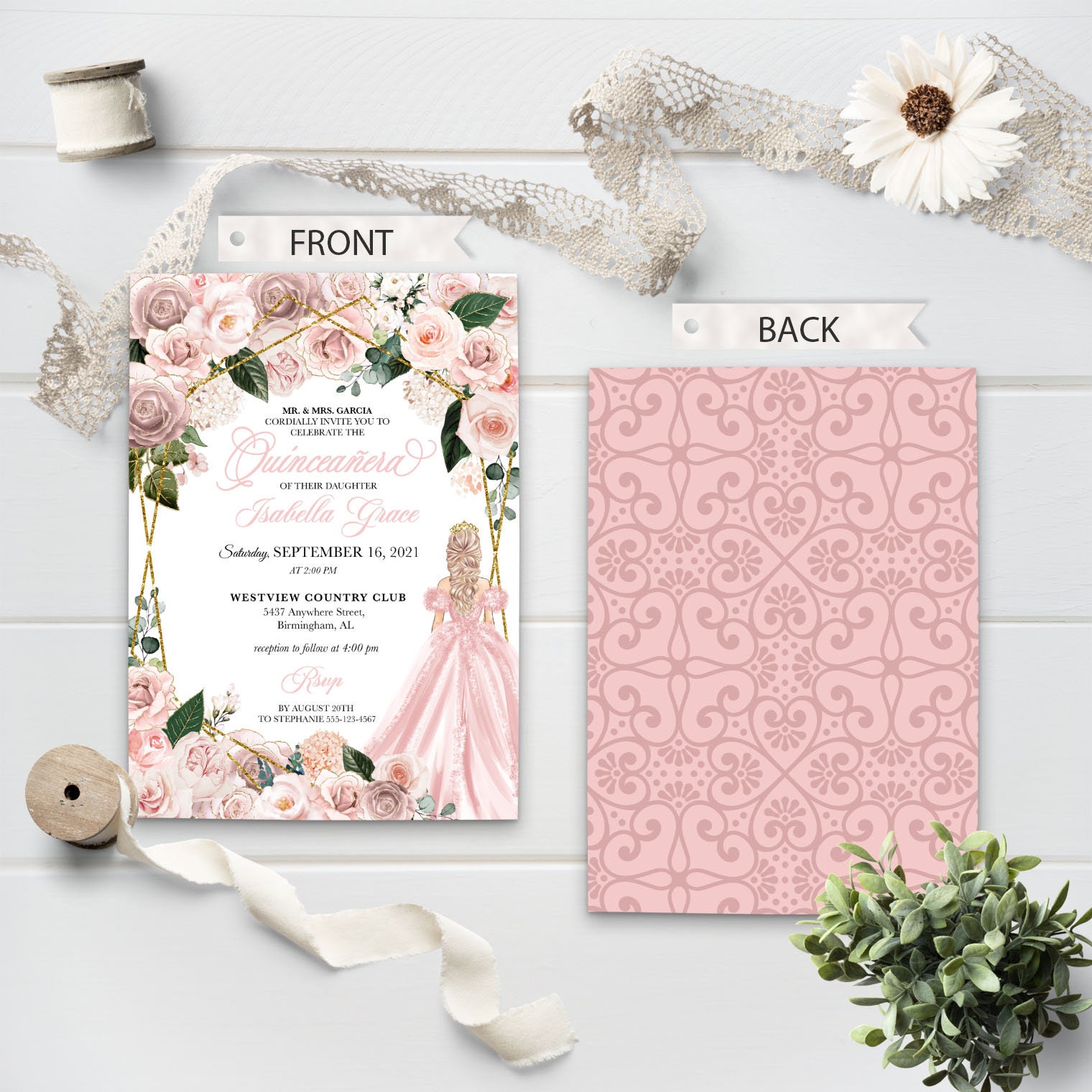 EDITABLE Invitation Blush Pink Floral Quinceanera Invitation Etsy