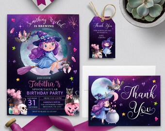 Little Witch Halloween Birthday Invitation Bundle (Editable Template) Digital