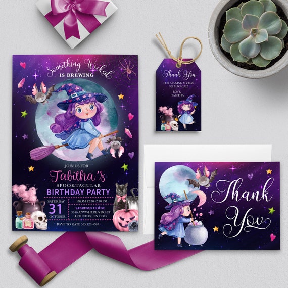 Little Witch Halloween Birthday Invitation Bundle (Editable Template)