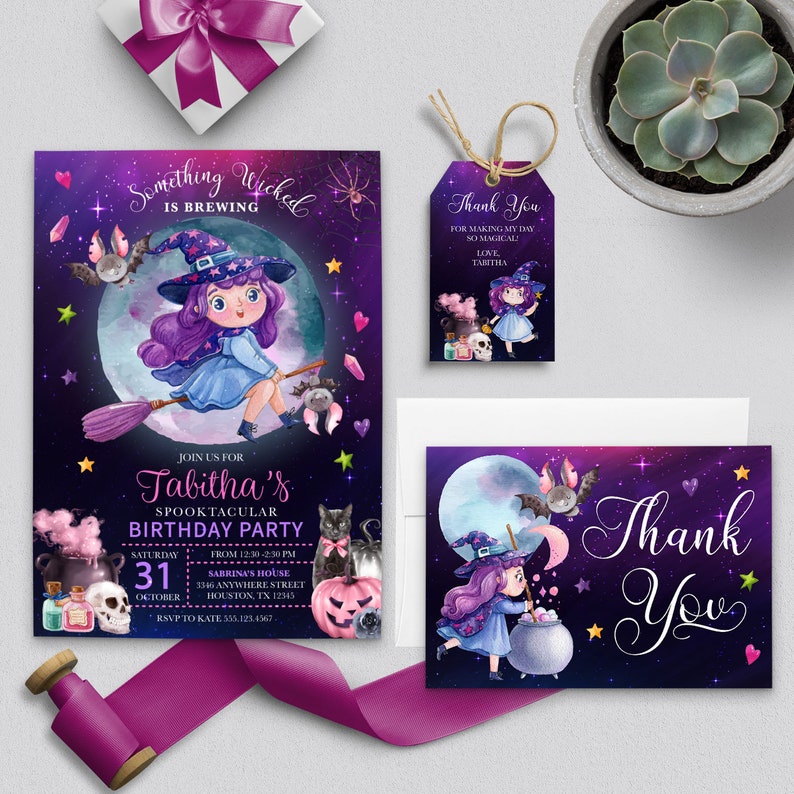 Little Witch Halloween Birthday Invitation Bundle (Editable Template) image 1