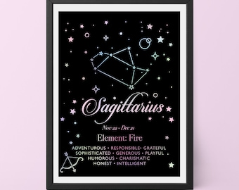 Real Foil Print, Holographic Zodiac Art Print, Sagittarius, Constellation Art, Wall Art, Gold Foil, Typography Print, Home Decor