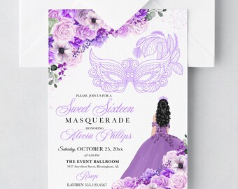 May include: A purple and white floral invitation for a Sweet Sixteen Masquerade party. The invitation features a purple masquerade mask, a girl in a purple dress, and the text "Sweet Sixteen Masquerade" and "Alecia Phillips".