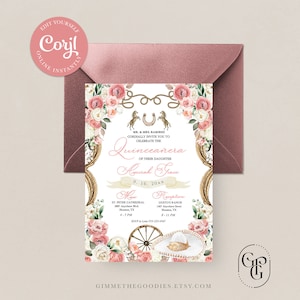 Pink Western Charro Cowgirl Quinceanera Invitation, Fiesta, Birthday, Mis Quince, Printable, Template, Corjl