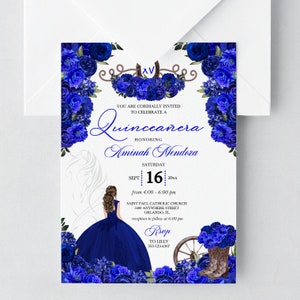 May include: A blue and white Quinceanera invitation with a floral design. The invitation features a horseshoe, a cowboy boot, and a girl in a blue dress. The text on the invitation reads "You are cordially invited to celebrate a Quinceanera honoring Aminah Mendoza Saturday Sept 16 20xx from 4:00 - 6:00 pm Saint Paul Catholic Church 5489 Anywhere Street Orlando, FL reception to follow at 6:00 pm Rsvp to Lilly 555-123-4567"