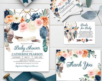 May include: Baby shower invitation set with floral and feather accents. The invitation features text, including the name "Catherine Pearson" and event details. Additional cards include a diaper raffle, a request for books, and a thank you card.