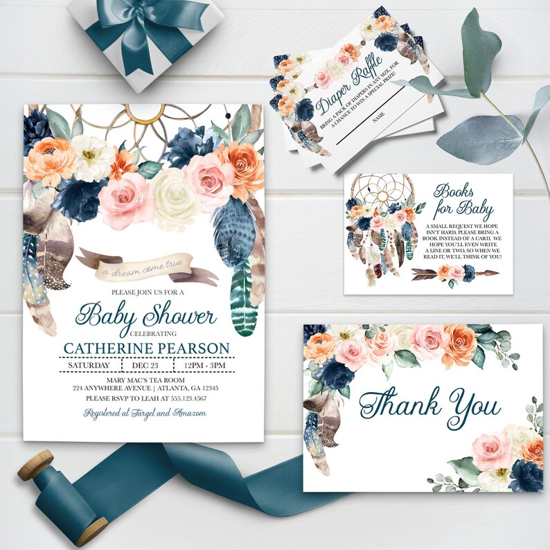 May include: Baby shower invitation set with floral and feather accents. The invitation features text, including the name "Catherine Pearson" and event details. Additional cards include a diaper raffle, a request for books, and a thank you card.