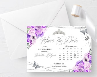 Lila Blumen Quinceanera Save The Date Einladung (bearbeitbare Vorlage)
