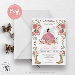 Pink Western Mariachi Charro Cowgirl Quinceanera Invitation, Fiesta, Birthday, Mis Quince, Printable, Template, Corjl