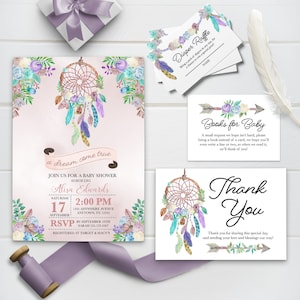 Invito modificabile, Boho Baby Shower Invitation, Bundle, Dreamcatcher Baby Shower Invite, Printable Baby Shower Invitation Template, Corjl