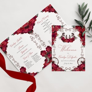 May include: A white invitation with red roses and a brown rope border. The text reads "Cataliya Isabella Quinceañera" and includes the order of ceremony, court of honor, and damas. A separate white card with a red rose border reads "Welcome to Cataliya Delgado's Quinceañera July 25, 20xx".