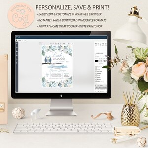 May include: A computer screen displaying a customizable invitation template with an owl illustration and the text "Look Whooo's about due". The invitation is decorated with blue and white flowers. The text "Personalize, Save & Print!" is displayed above the computer screen.