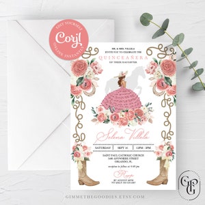 Pink Western Mariachi Charro Cowgirl Quinceanera Invitation, Fiesta, Birthday, Mis Quince, Printable, Template, Corjl
