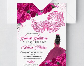 May include: Pink and white invitation for a Sweet Sixteen Masquerade party. The invitation features a pink masquerade mask, a pink floral design, and a silhouette of a girl in a pink gown. The text on the invitation reads "Sweet Sixteen Masquerade" and "Honoring Alecia Phillips". The date and time of the party are listed as "Saturday, October 25, 20xx at 6:00 PM". The location is listed as "The Event Ballroom, 5437 Anywhere Street, Birmingham, AL". The RSVP information is listed as "Rsvp, Lauren 555.123.4567".