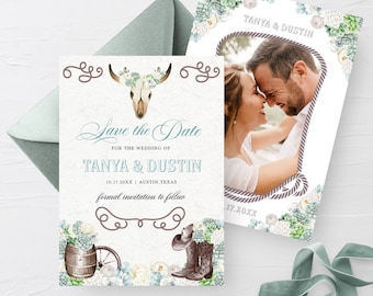 May include: Save the Date wedding invitation with a rustic theme. The invitation features a watercolor illustration of a skull with flowers, a barrel, and cowboy boots. The text reads "Save the Date for the wedding of Tanya & Dustin 10.17.20XX Austin, Texas formal invitation to follow".