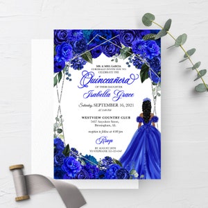 BEWERKBARE Uitnodiging, Elegante Royal Blue Bloemen Quinceanera Uitnodiging, Zilveren Accenten, Verjaardag, Mis Quince, Afdrukbaar, Sjabloon, Corjl