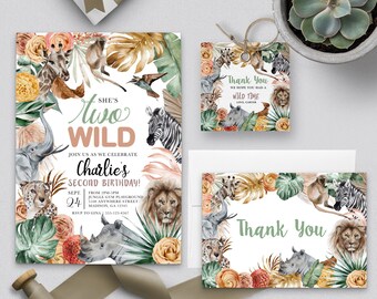 May include: A jungle-themed birthday invitation for a second birthday. The invitation features a watercolour illustration of animals, flowers and leaves. The text on the invitation reads "She's Two Wild" and "Charlie's Second Birthday!"