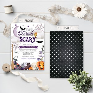 May include: Halloween party invitation with a purple and white color scheme. The invitation features a moon, bats, a witch's hat, a pumpkin, and a skull. The text on the invitation reads "Eat Drink and Be Scary".
