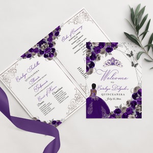 EDITABLE Program Template, Purple & Gold Floral Quinceanera Program, Mis Quince, 5x7 Bi-Fold Program, Template, Corjl