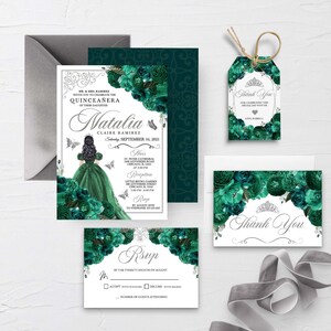 EDITABLE Invitation, Emerald Green & Silver Floral Quinceanera Invitation Bundle, Mis Quince Anos, Birthday, Printable, Template, Corjl