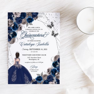 EDITABLE Invitation, Navy Blue & Silver Floral Quinceanera Invitation, Birthday Invite, Mis Quince, Printable, Template, Corjl