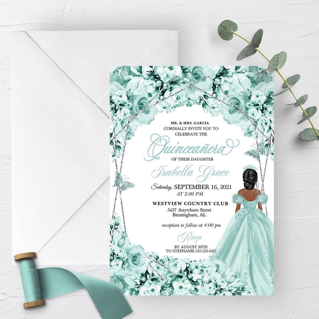 EDITABLE Invitation, Elegant Mint Green Floral Quinceanera Invitation, Birthday Invite, Mis
